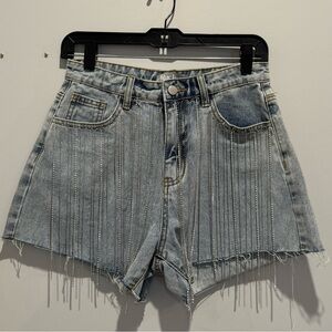 BLUE B WOMEN'S LIGHT WASH HIGH RISE POCKET RHINESTONE FRINGE DENIM SHORTS